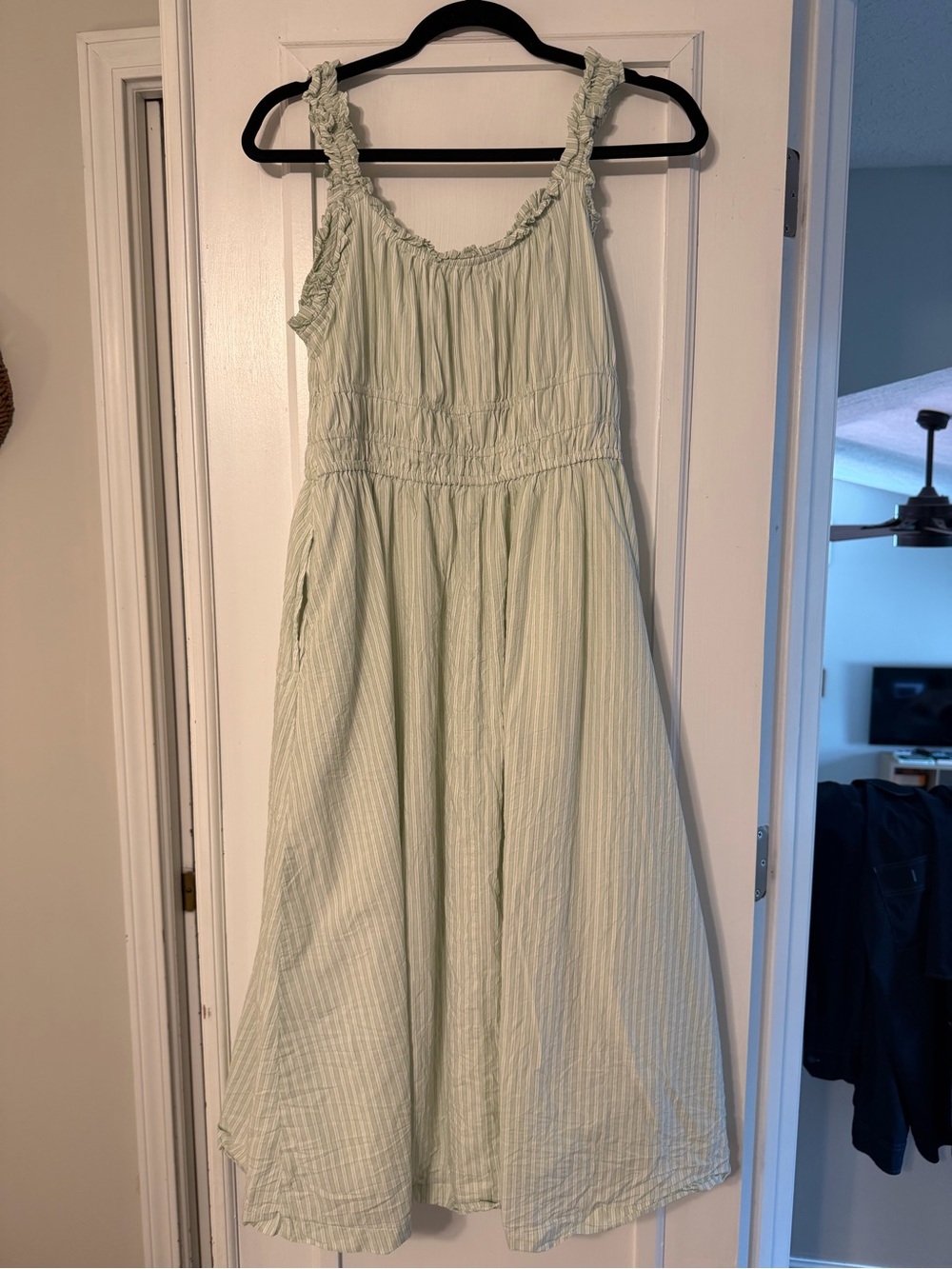 Old Navy Light Green Striped Midi Milkmaid Dress Size M 100% Cotton